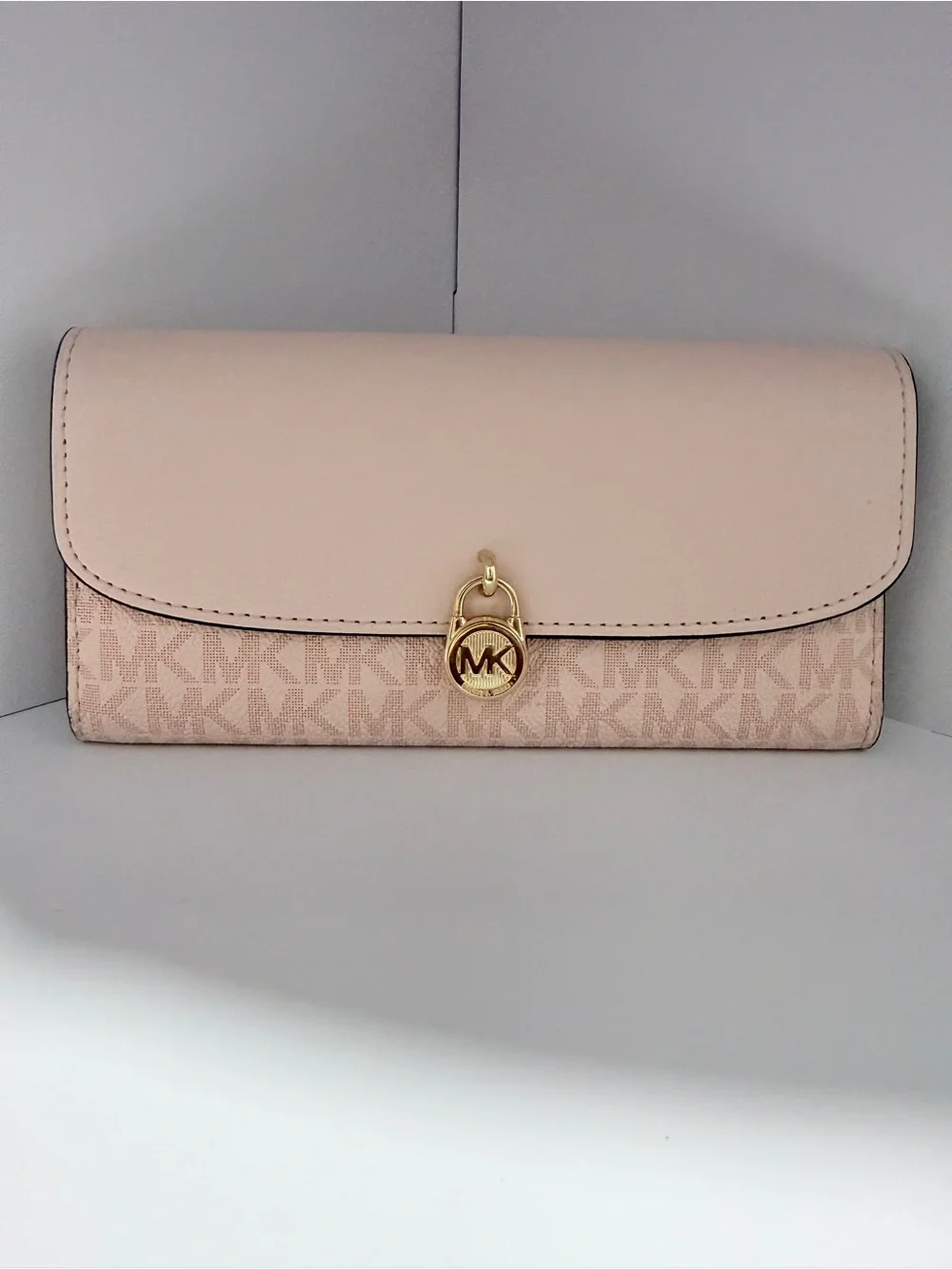 Michael Kors Pale Pink Logo Continental Wallet with Gold MK Accent